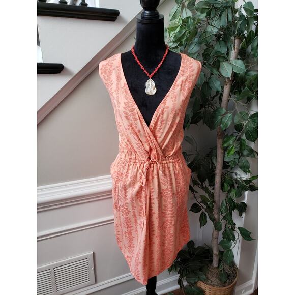 Time and Tru Knee Length Dress Women XL Orange Floral Surplice V Neck Drawstring - Picture 1 of 13